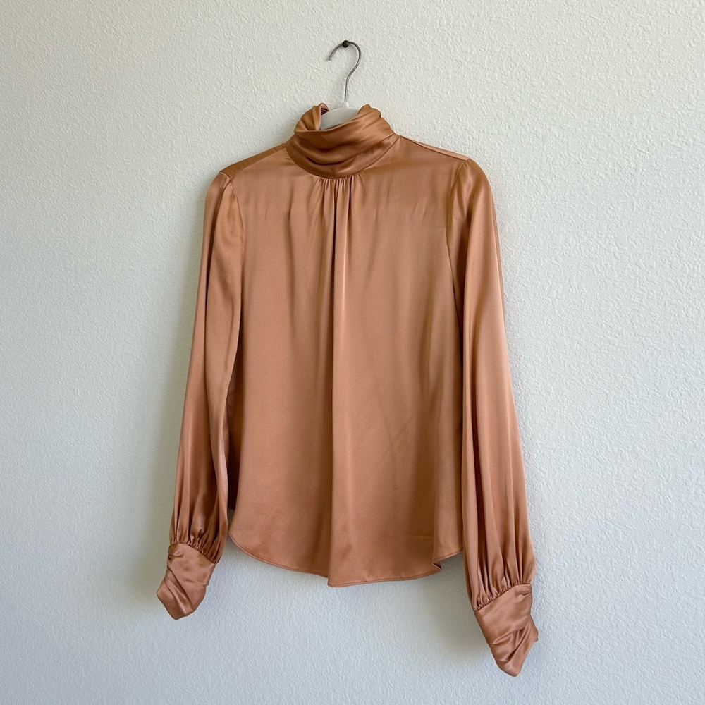 Cinq A Sept Jayla Silk Pleated Turtleneck Top in Bronze - Picture 3 of 10